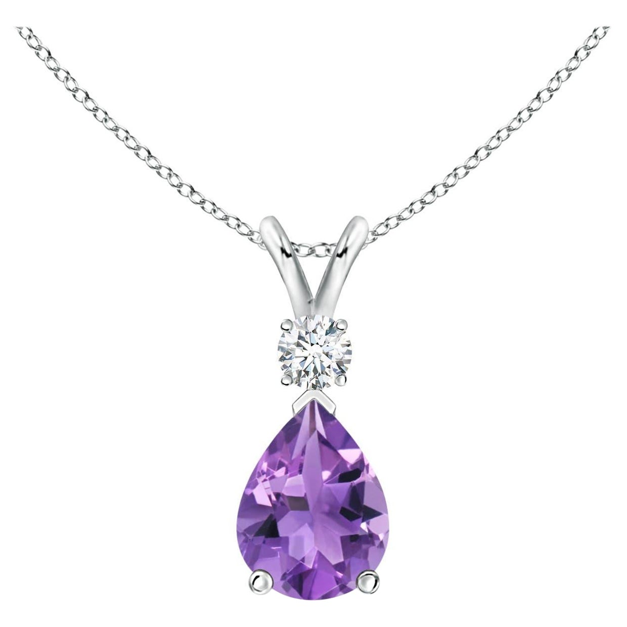 Natural 1 ct Amethyst Teardrop Pendant with Diamond in 14K White Gold For Sale