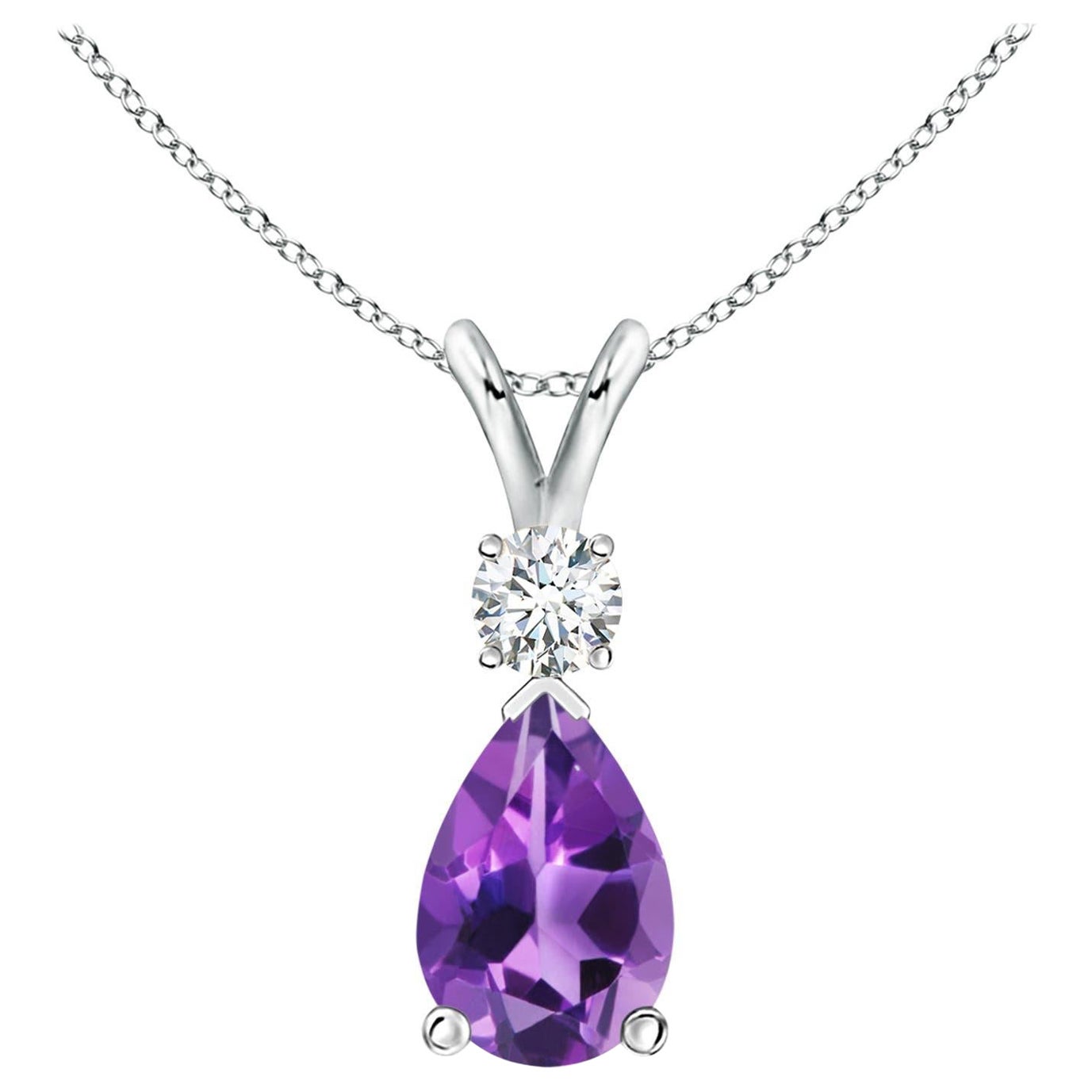 Natural 2.6 ct Amethyst Teardrop Pendant with Diamond in 14K White Gold For Sale