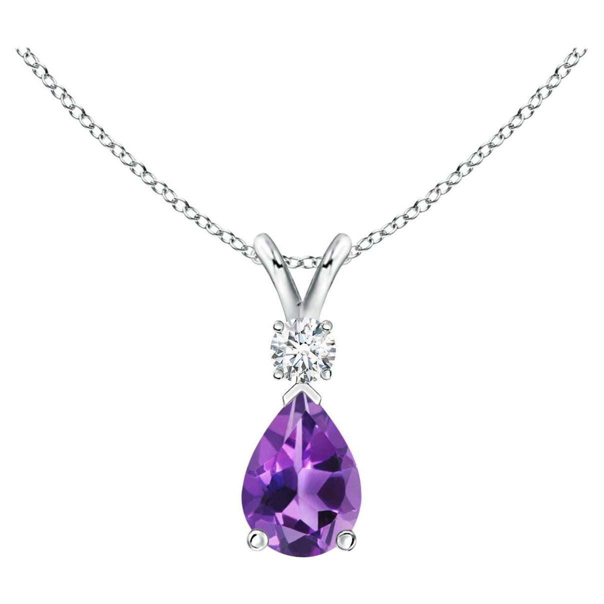 Natural 0.60ct Amethyst Teardrop Pendant with Diamond in 14K White Gold For Sale