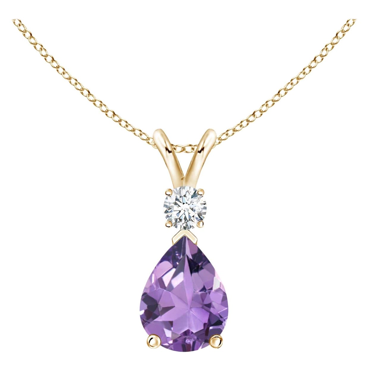 Natural 1 ct Amethyst Teardrop Pendant with Diamond in 14K Yellow Gold For Sale