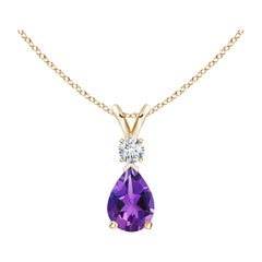 Natural 0.60ct Amethyst Teardrop Pendant with Diamond in 14K Yellow Gold