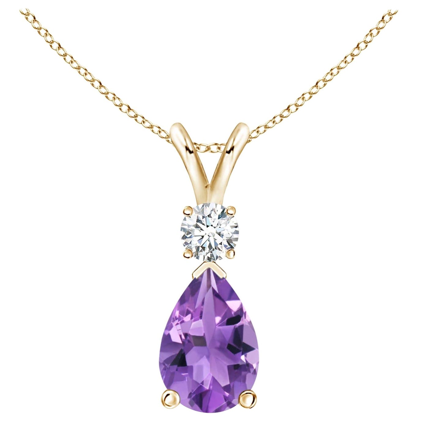 Natural 2.6 ct Amethyst Teardrop Pendant with Diamond in 14K Yellow Gold For Sale