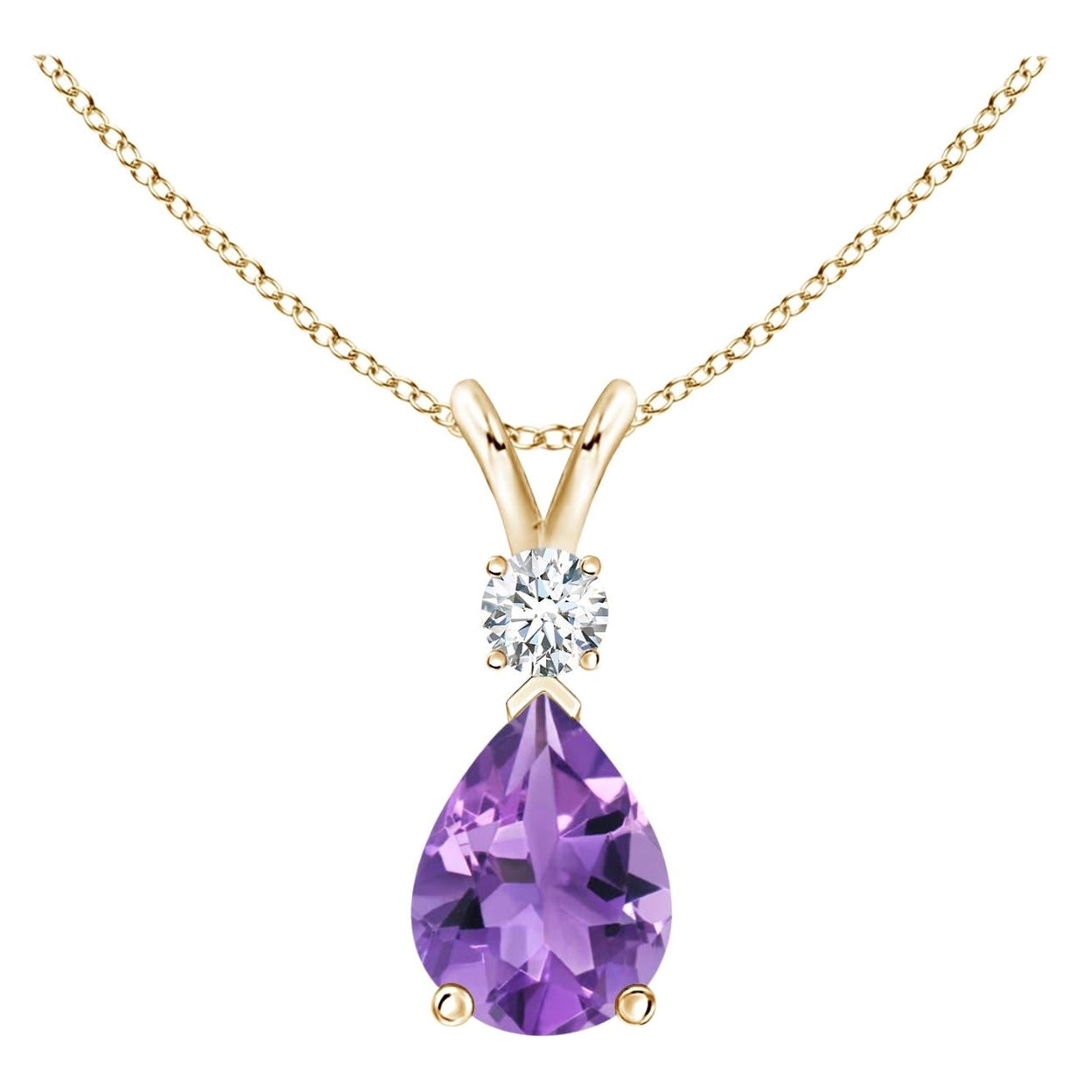Natural 1 ct Amethyst Teardrop Pendant with Diamond in 14K Yellow Gold For Sale