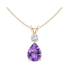 Natural 1 ct Amethyst Teardrop Pendant with Diamond in 14K Yellow Gold