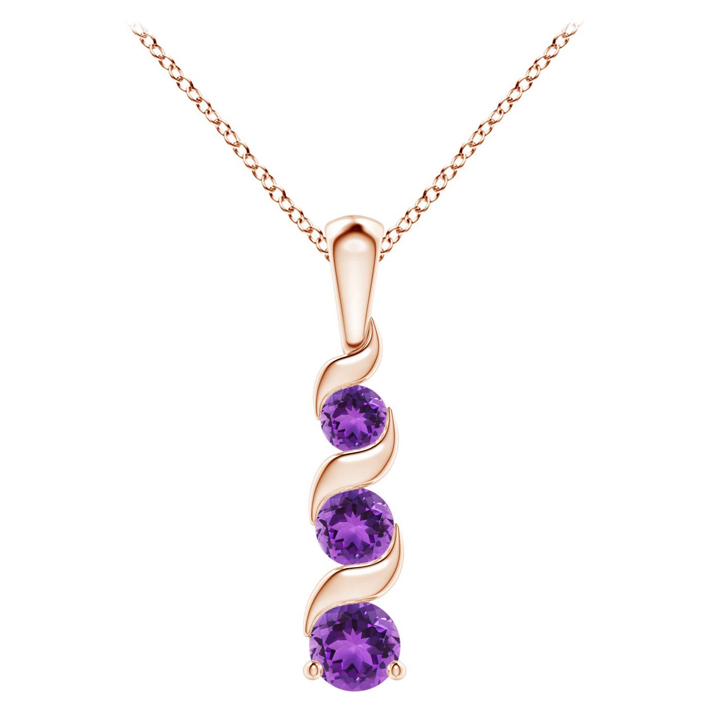Pendentif voyage à trois pierres en or rose 14 carats avec améthyste ronde naturelle de 0,25 carat