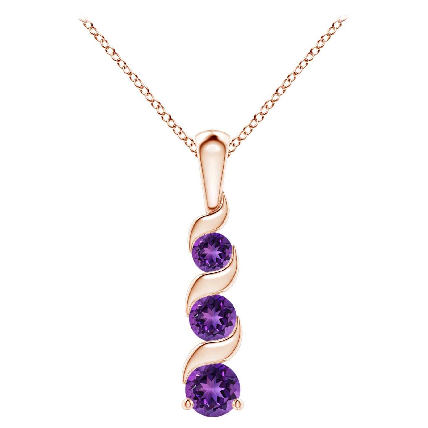 Pendentif voyage à trois pierres en or rose 14 carats avec améthyste ronde naturelle de 0,25 carat