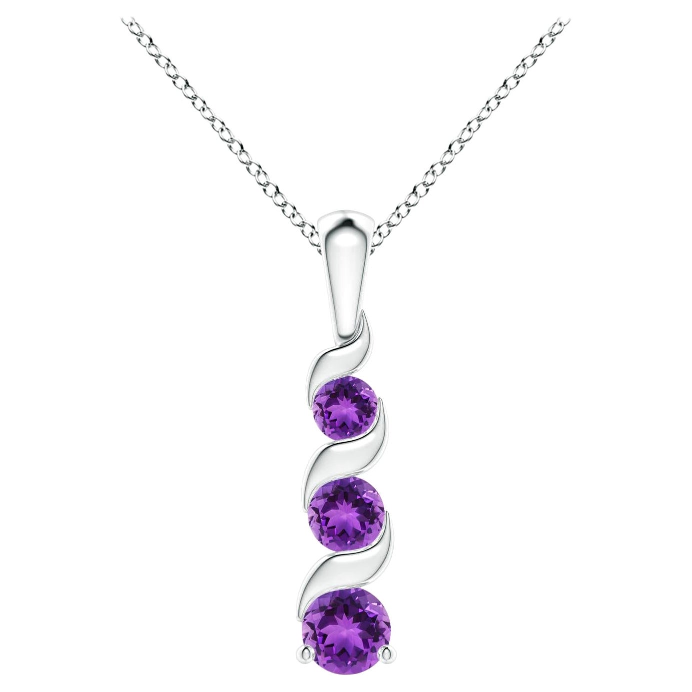 Natural Round 0.25ct Amethyst Three Stone Journey Pendant in 14K White Gold