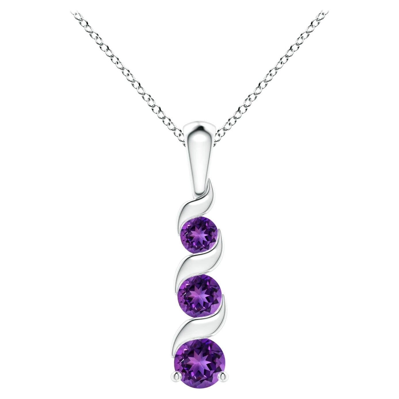 Natural Round 0.25ct Amethyst Three Stone Journey Pendant in 14K White Gold For Sale