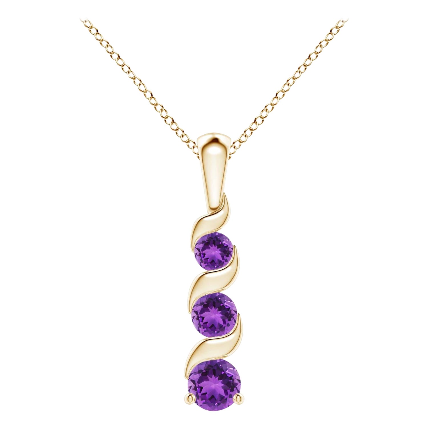 Natural Round 0.25ct Amethyst Three Stone Journey Pendant in 14K Yellow Gold For Sale