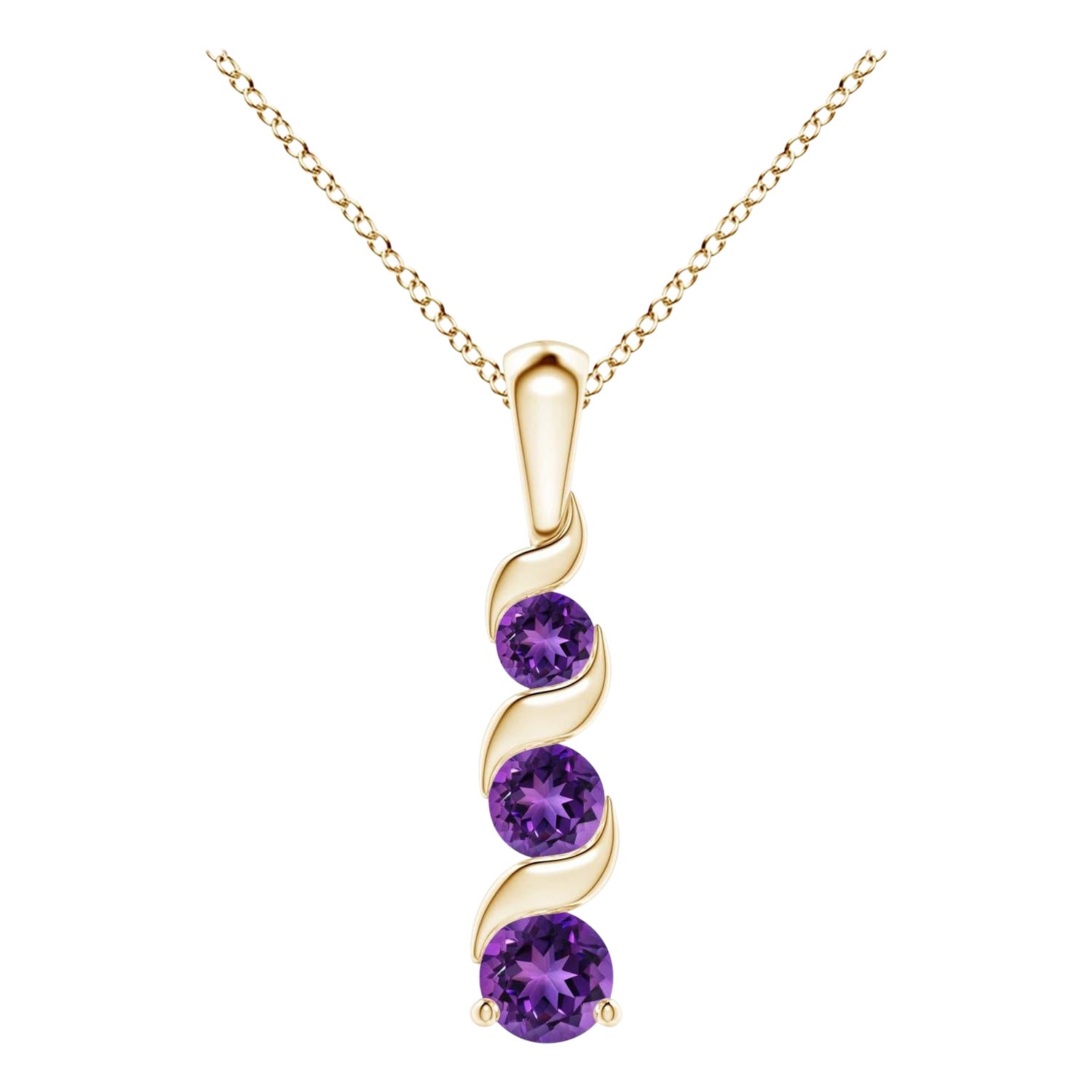 Natural Round 0.25ct Amethyst Three Stone Journey Pendant in 14K Yellow Gold