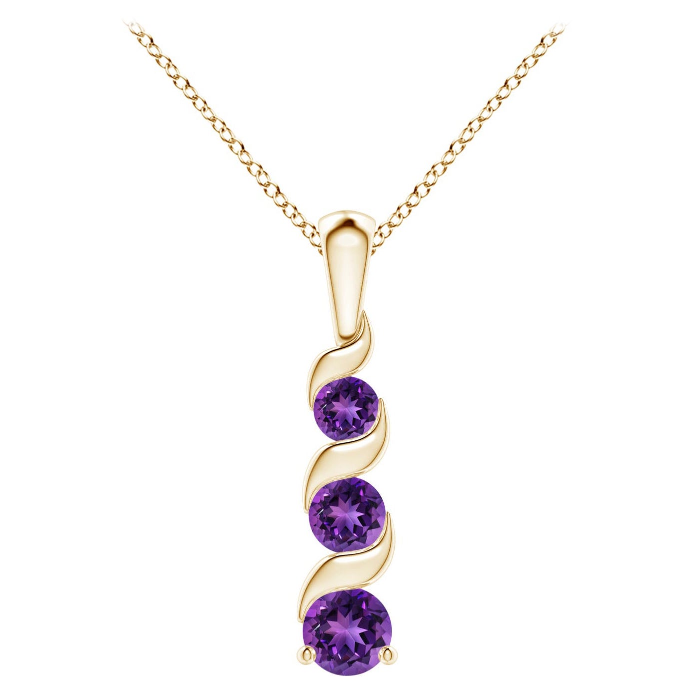 Pendentif voyage à trois pierres en or jaune 14 carats avec améthyste ronde naturelle ronde de 0,25 carat en vente