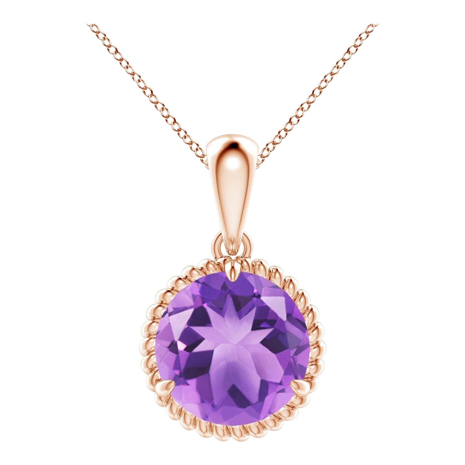 Natural Rope-Framed 3.2ct Amethyst Solitaire Pendant in 14K Rose Gold For Sale