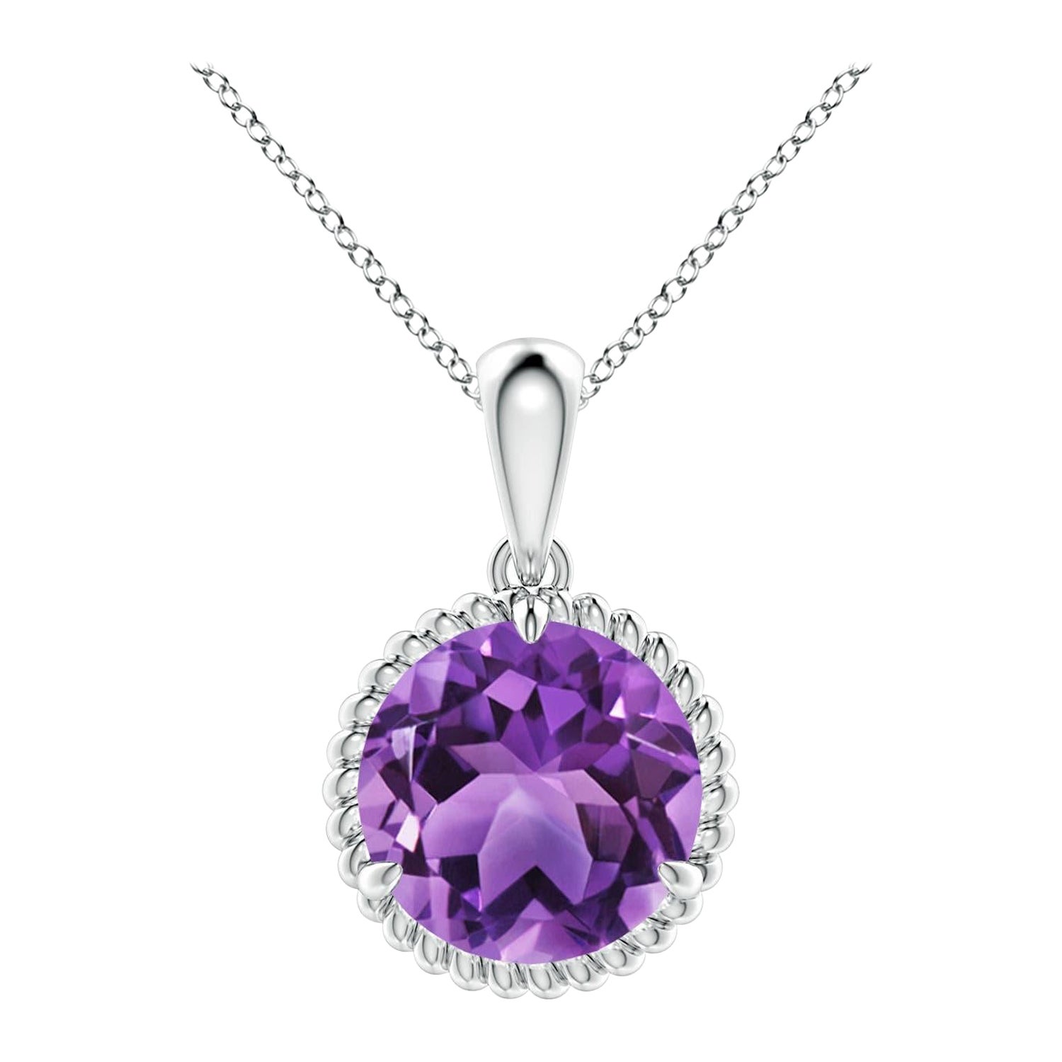 Natural Rope-Framed 2.45ct Amethyst Solitaire Pendant in 14K White Gold For Sale
