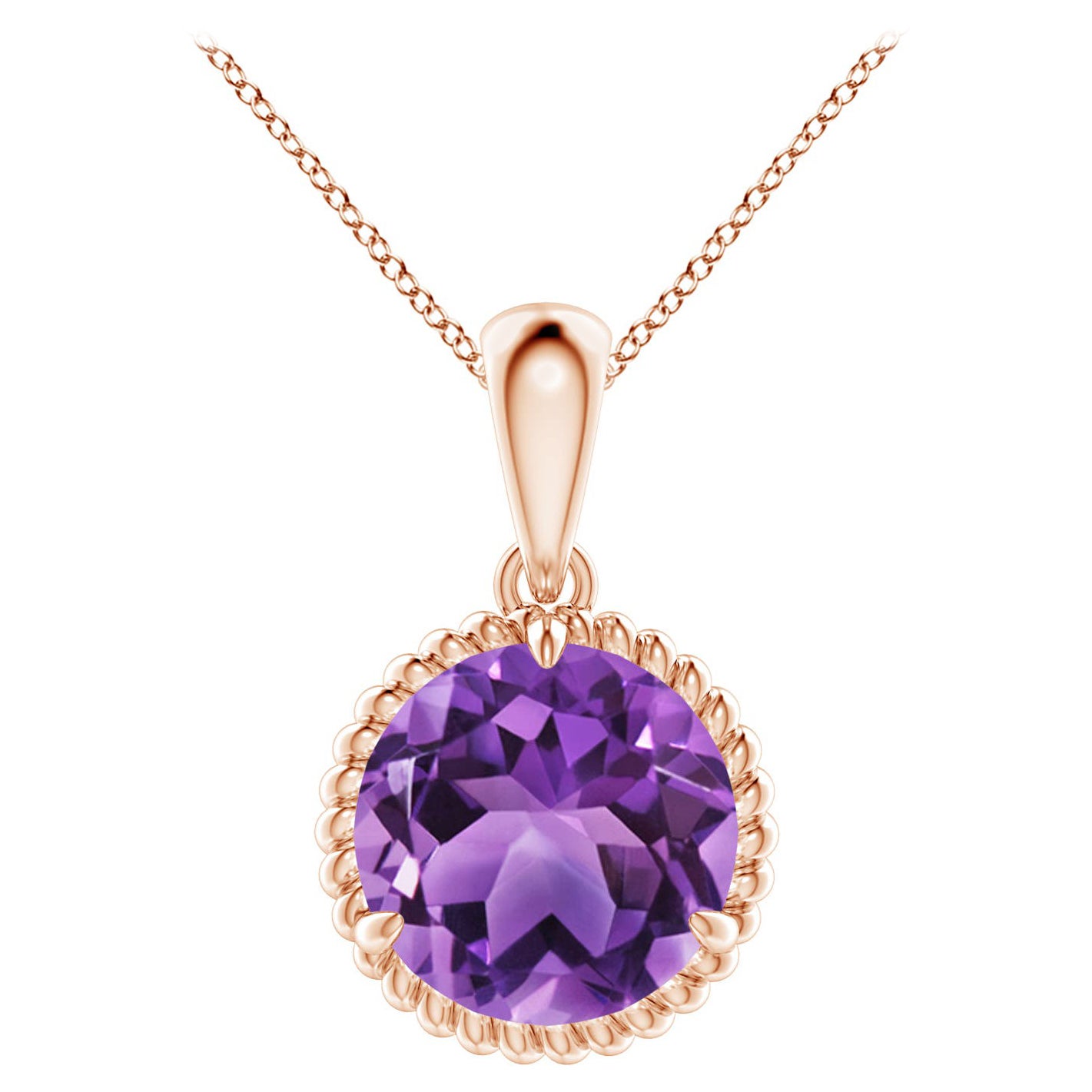 Natural Rope-Framed 3.2ct Amethyst Solitaire Pendant in 14K Rose Gold For Sale