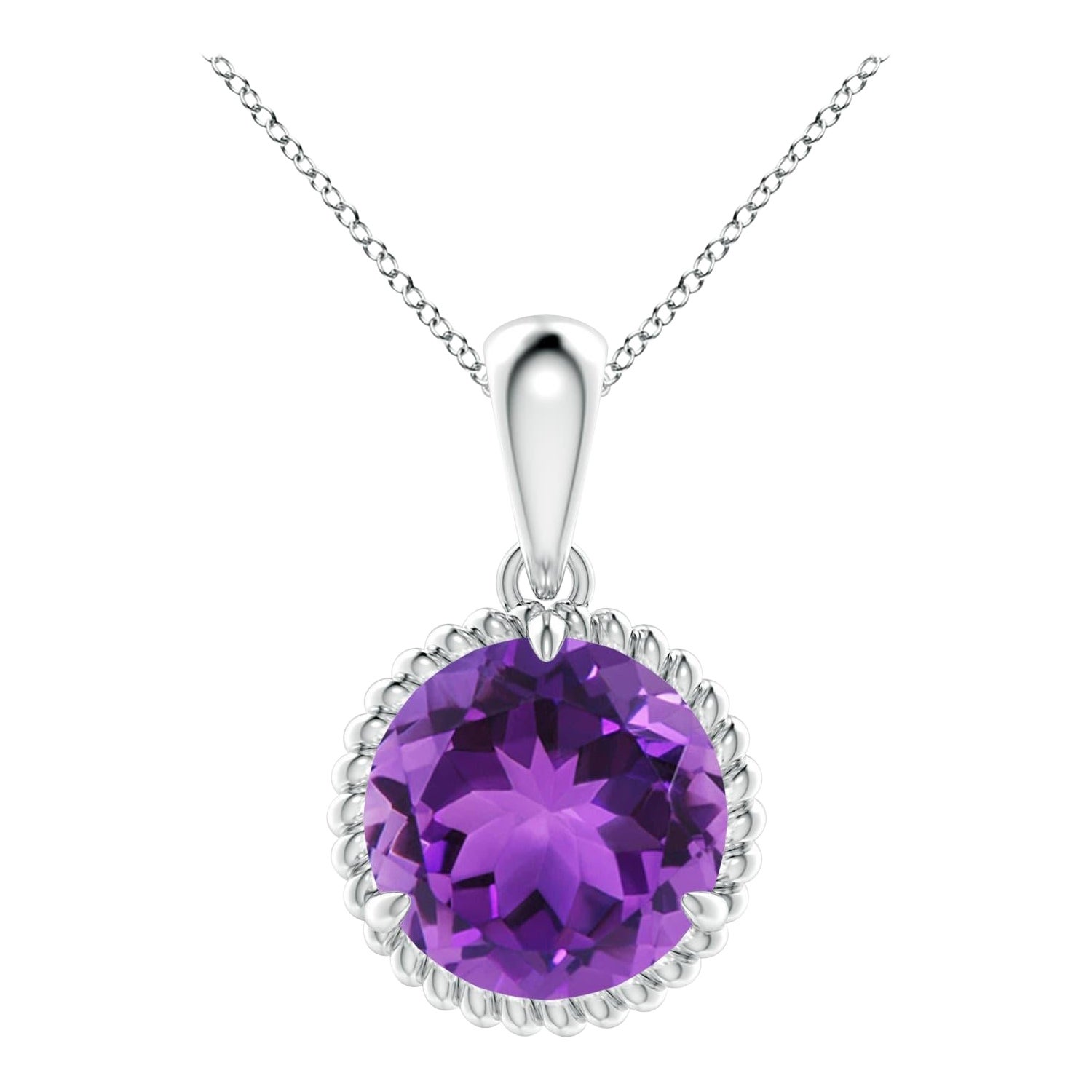 Natural Rope-Framed 3.2ct Amethyst Solitaire Pendant in 14K White Gold For Sale