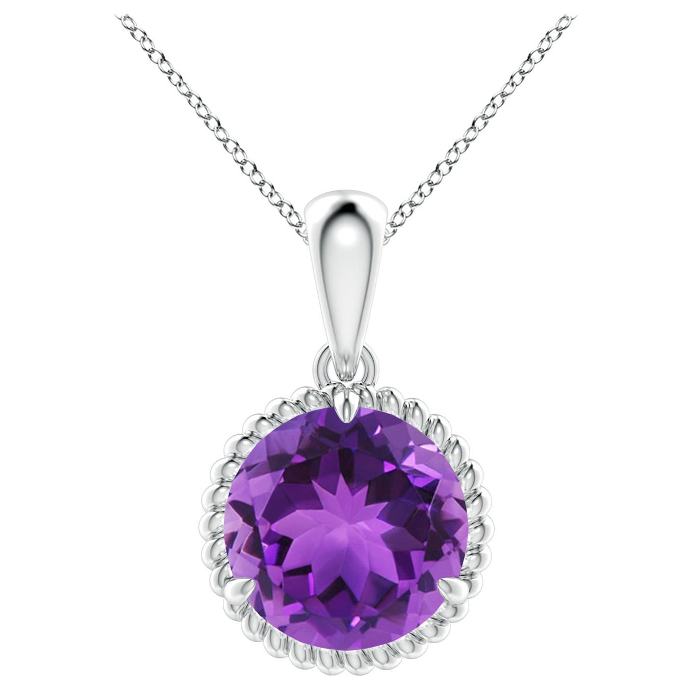 Natural Rope-Framed 3.2ct Amethyst Solitaire Pendant in 14K White Gold