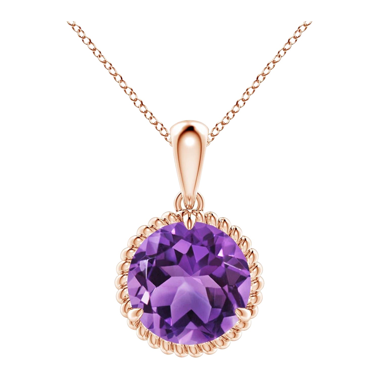 Natural Rope-Framed 2.45ct Amethyst Solitaire Pendant in 14K Rose Gold For Sale