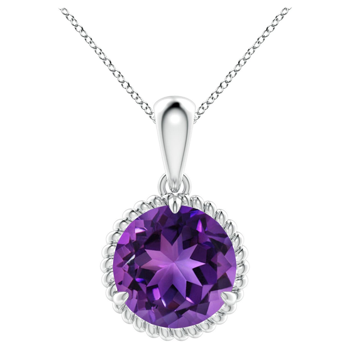 Natural Rope-Framed 3.2ct Amethyst Solitaire Pendant in 14K White Gold