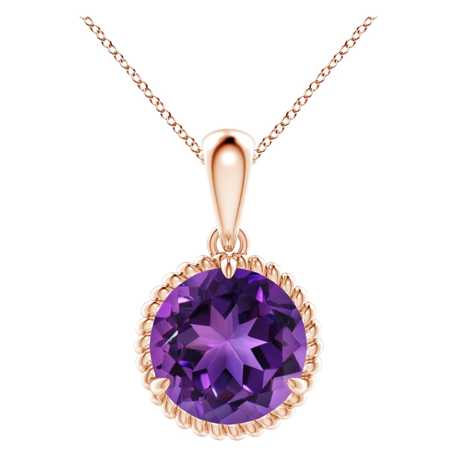 Natural Rope-Framed 3.2ct Amethyst Solitaire Pendant in 14K Rose Gold For Sale