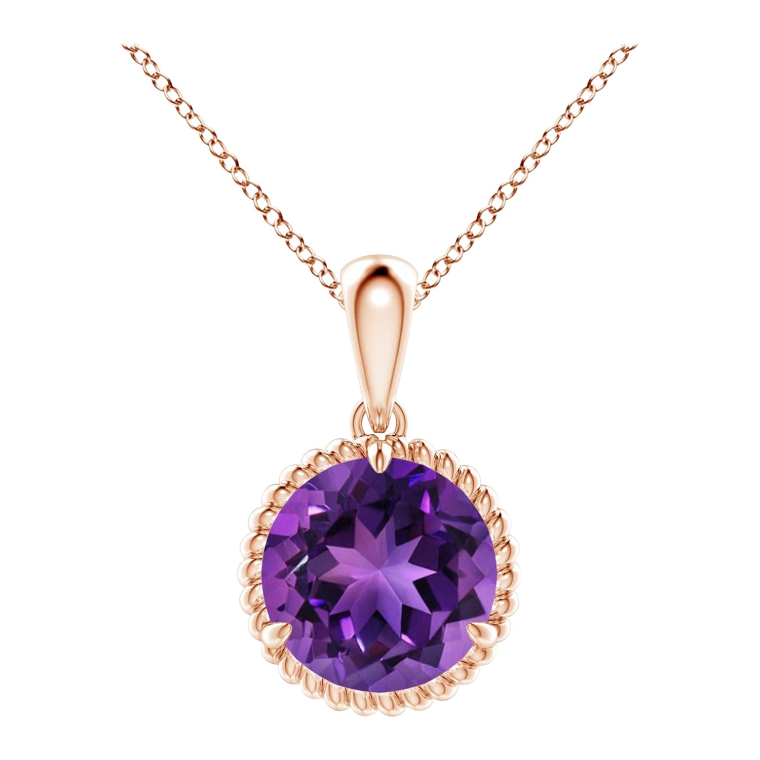 Natural Rope-Framed 1.7ct Amethyst Solitaire Pendant in 14K Rose Gold For Sale