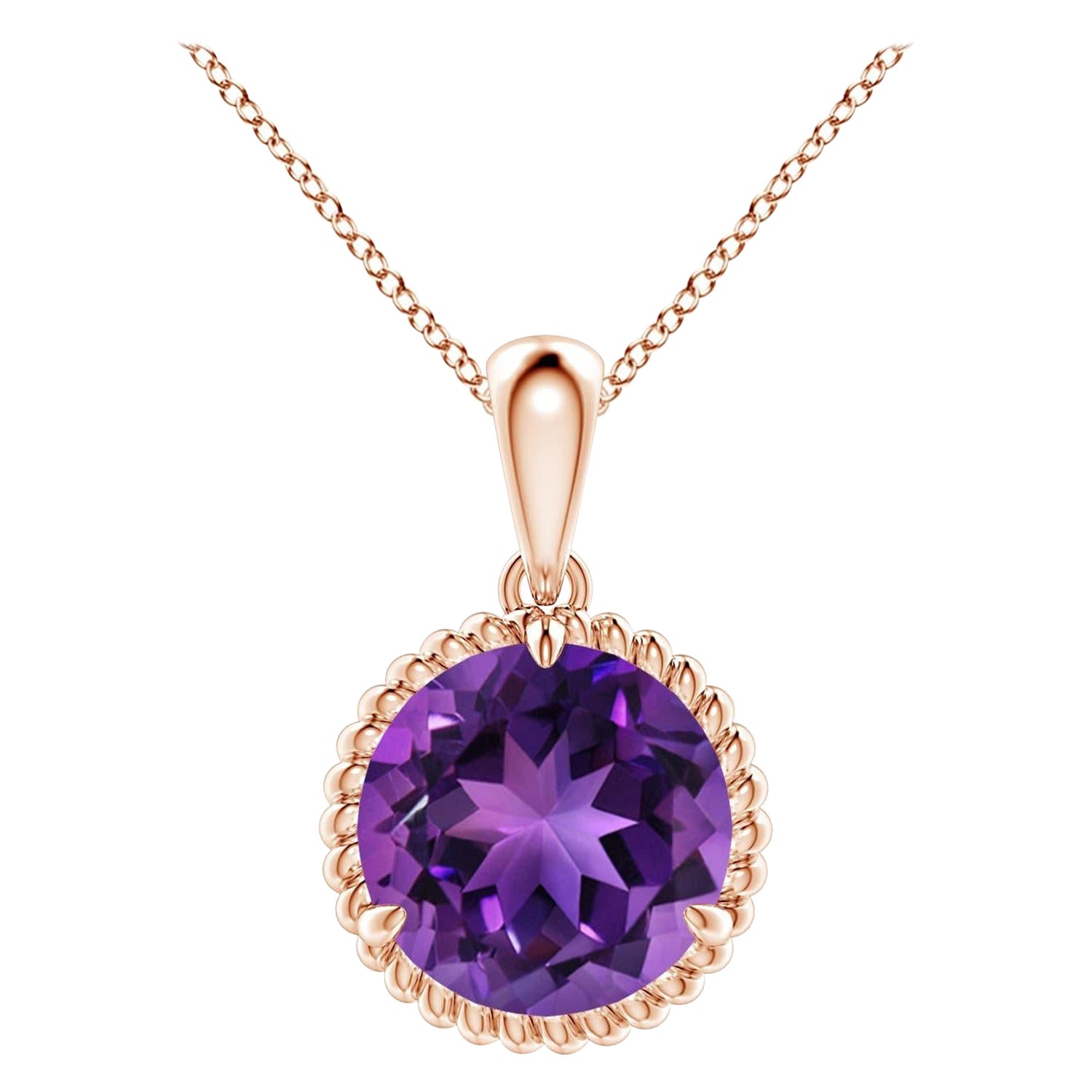 Natural Rope-Framed 2.45ct Amethyst Solitaire Pendant in 14K Rose Gold For Sale
