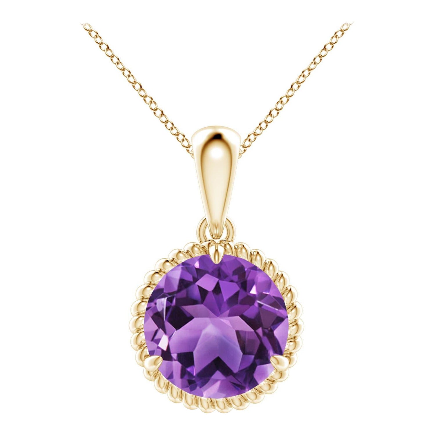 Natural Rope-Framed 3.2ct Amethyst Solitaire Pendant in 14K Yellow Gold For Sale
