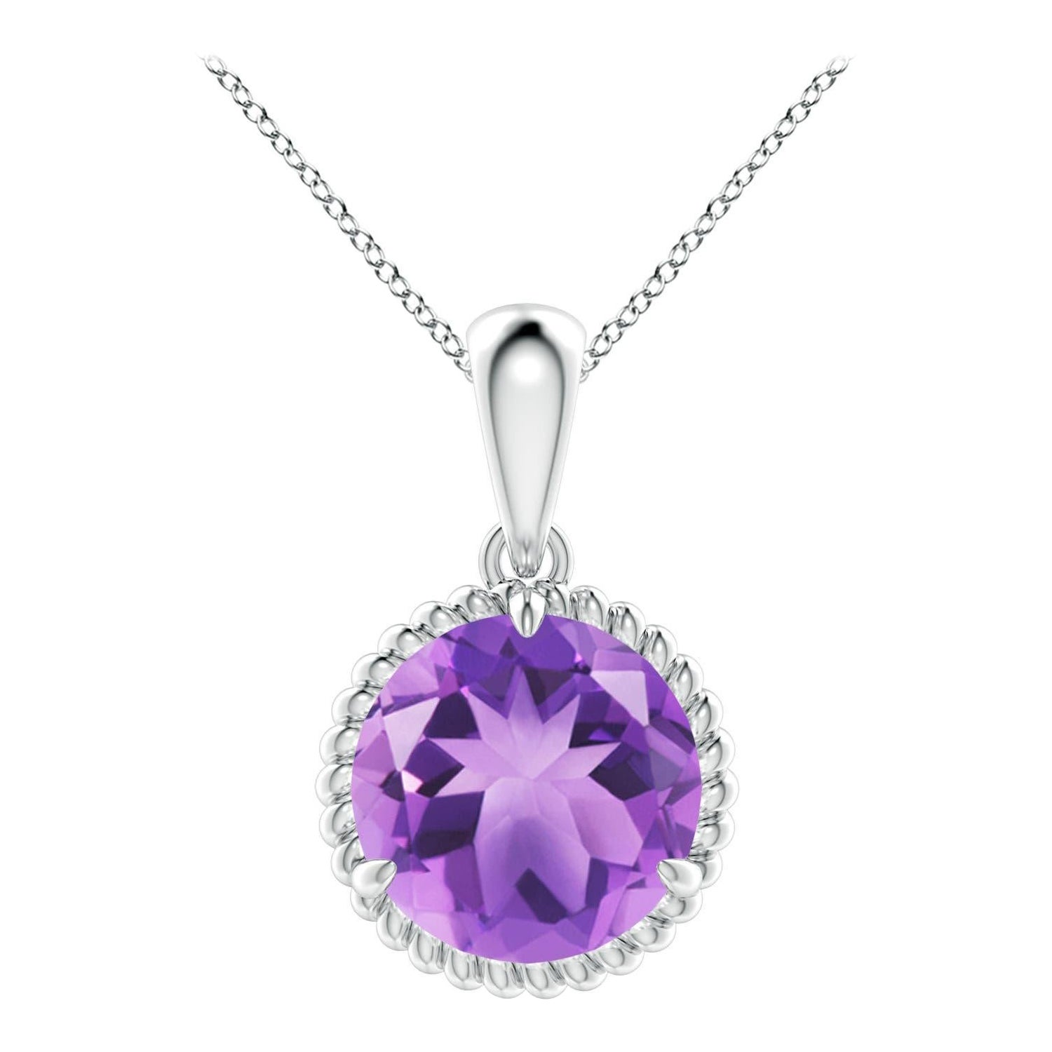 Natural Rope-Framed 3.2ct Amethyst Solitaire Pendant in 14K White Gold For Sale