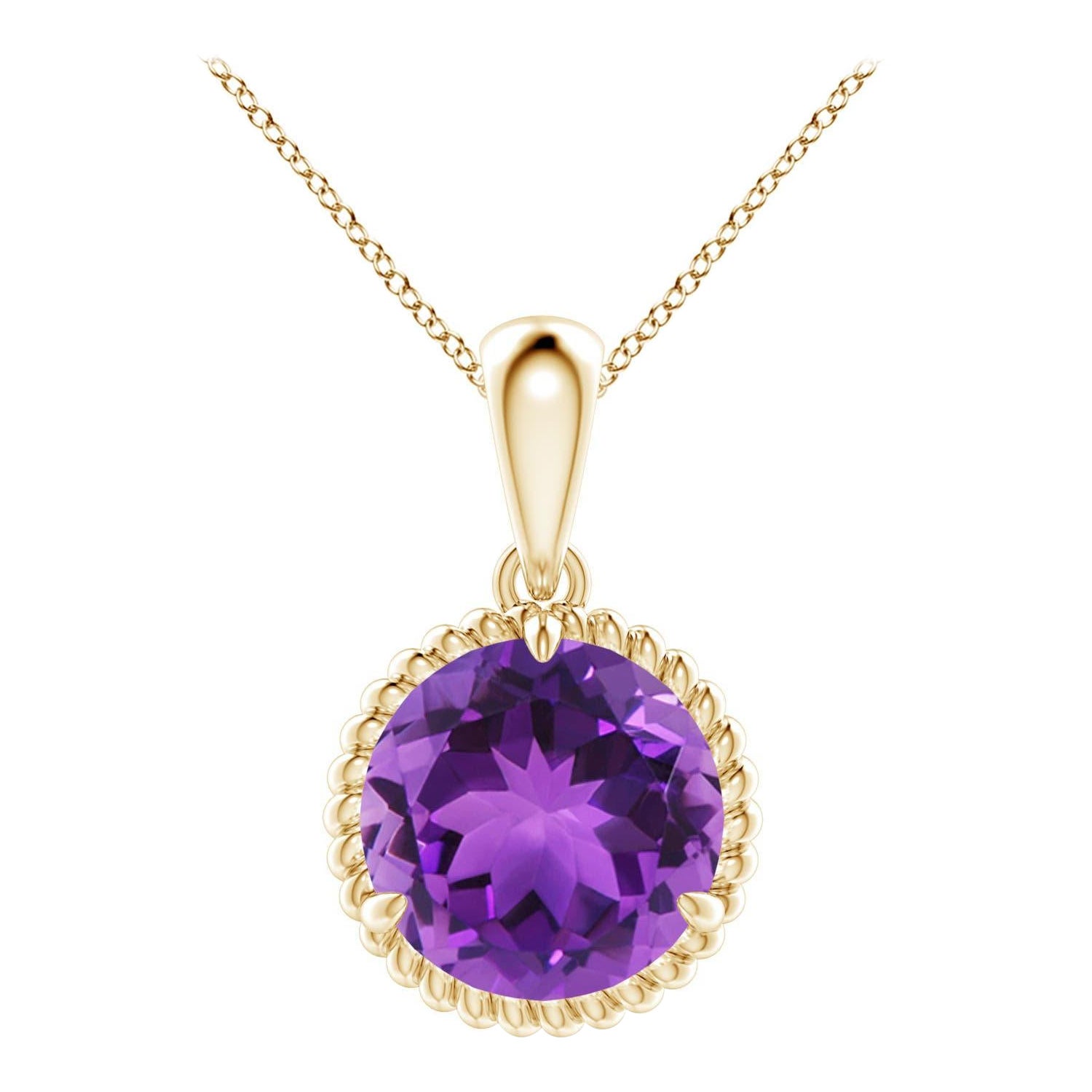 Natural Rope-Framed 3.2ct Amethyst Solitaire Pendant in 14K Yellow Gold For Sale