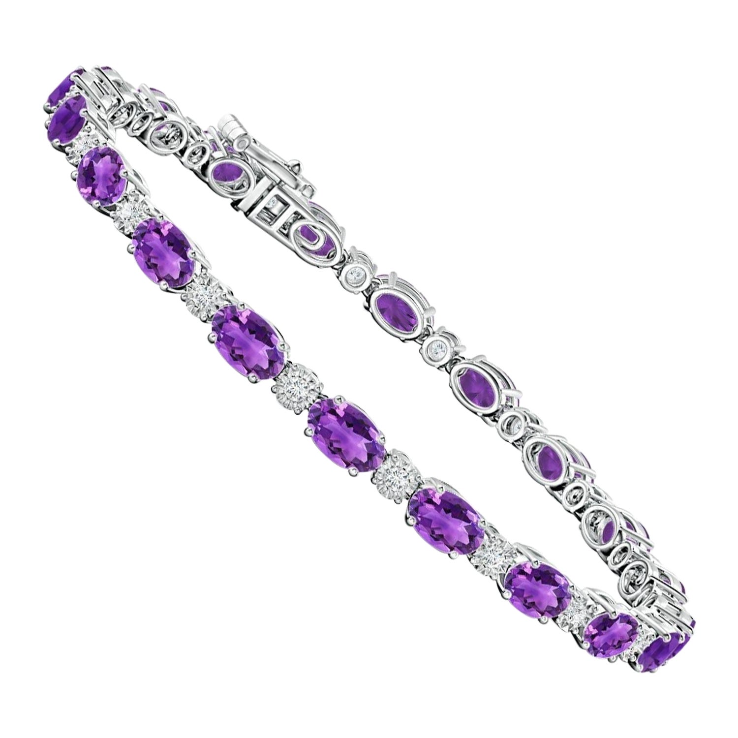 Natural Oval 8ct Amethyst Tennis Bracelet with Diamonds in 14K White Gold