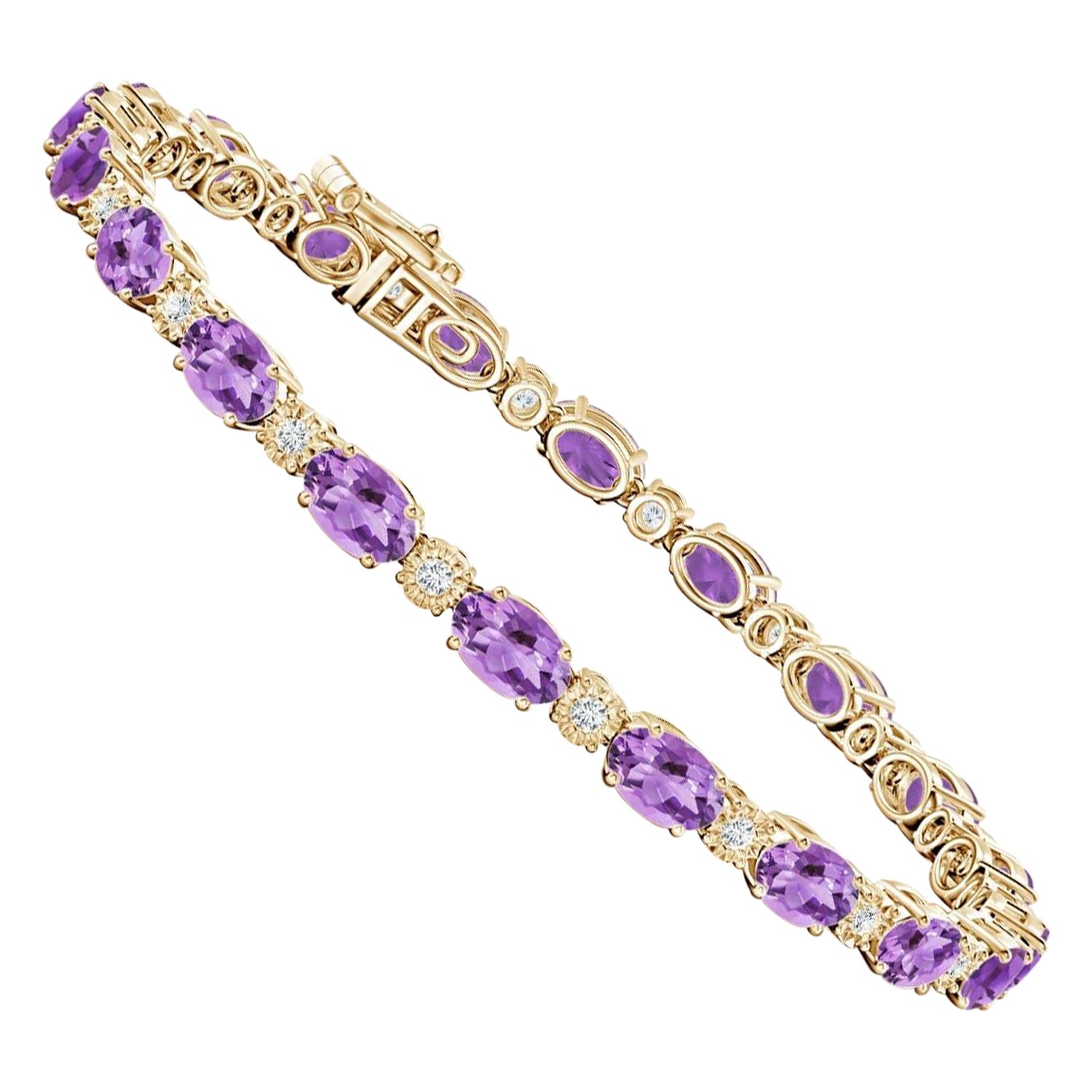 Natürliches ovales 8 Karat Amethyst-Tennisarmband mit Diamanten aus 14 Karat Gelbgold