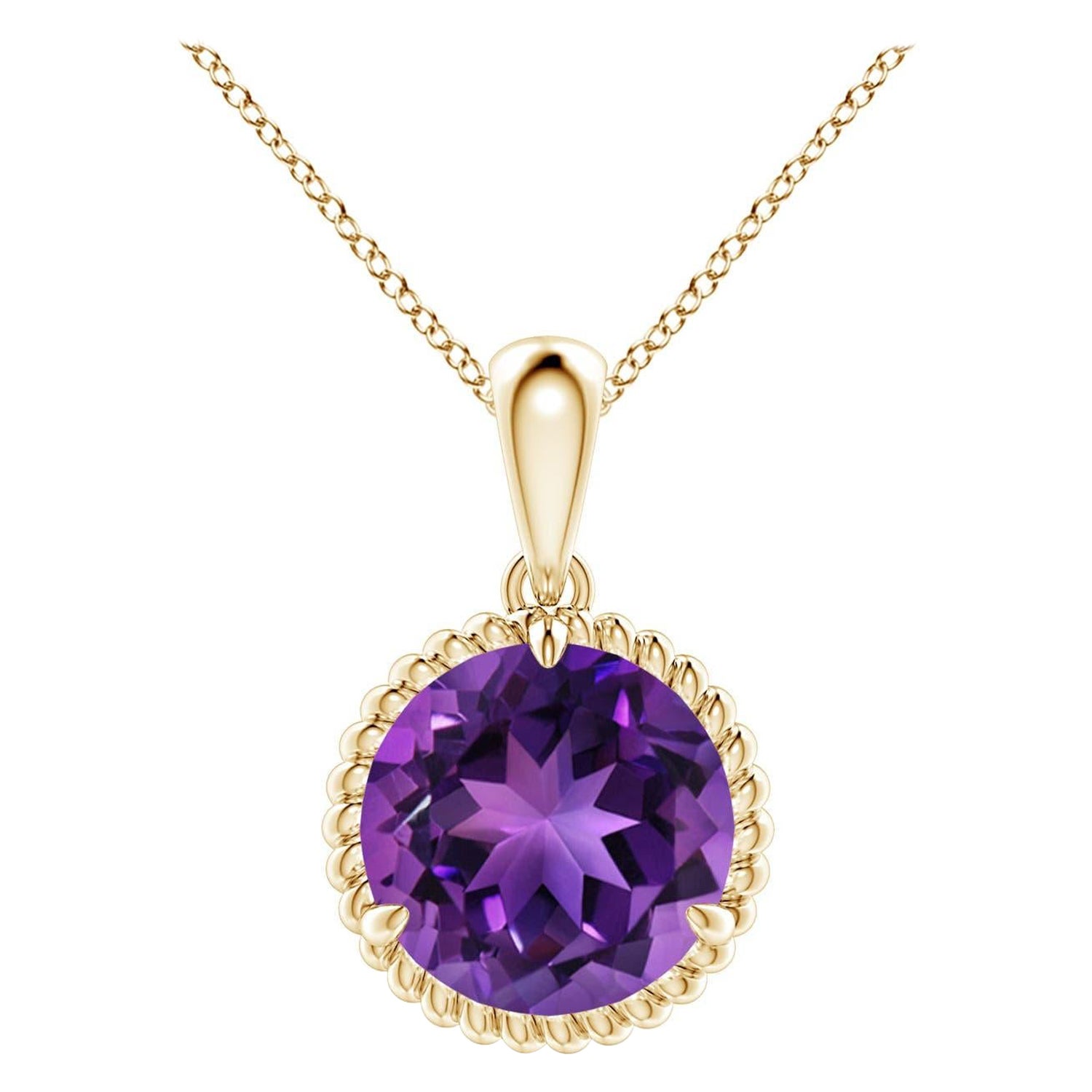Natural Rope-Framed 2.45ct Amethyst Solitaire Pendant in 14K Yellow Gold For Sale