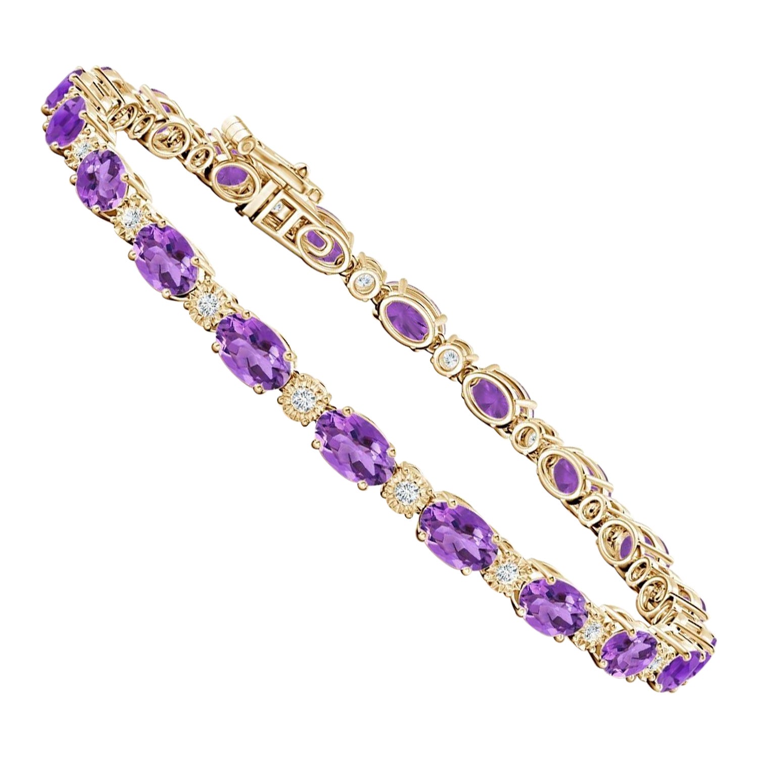 Natural Oval 8ct Amethyst Tennis Bracelet with Diamonds in 14K Yellow Gold For Sale
