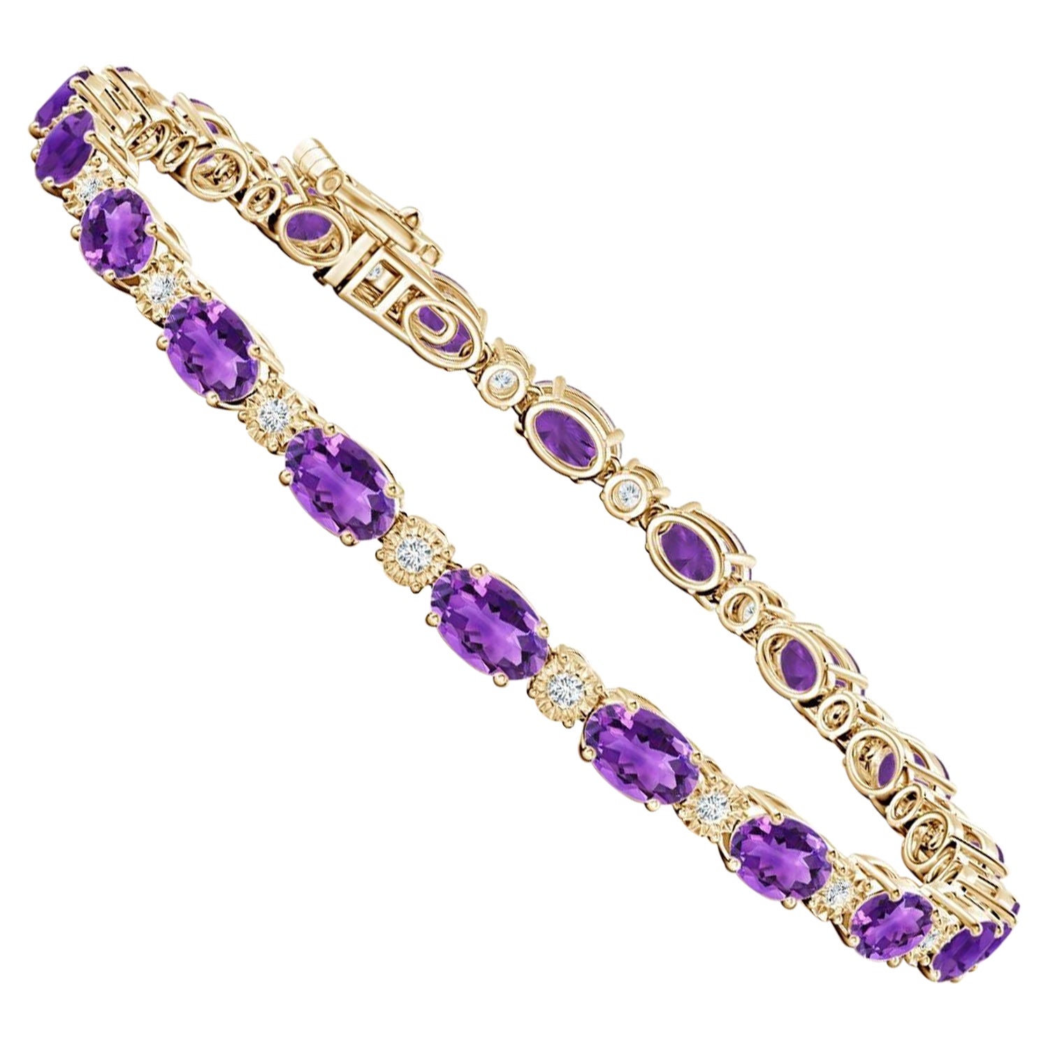 Natural Oval 8ct Amethyst Tennis Bracelet with Diamonds in 14K Yellow Gold For Sale