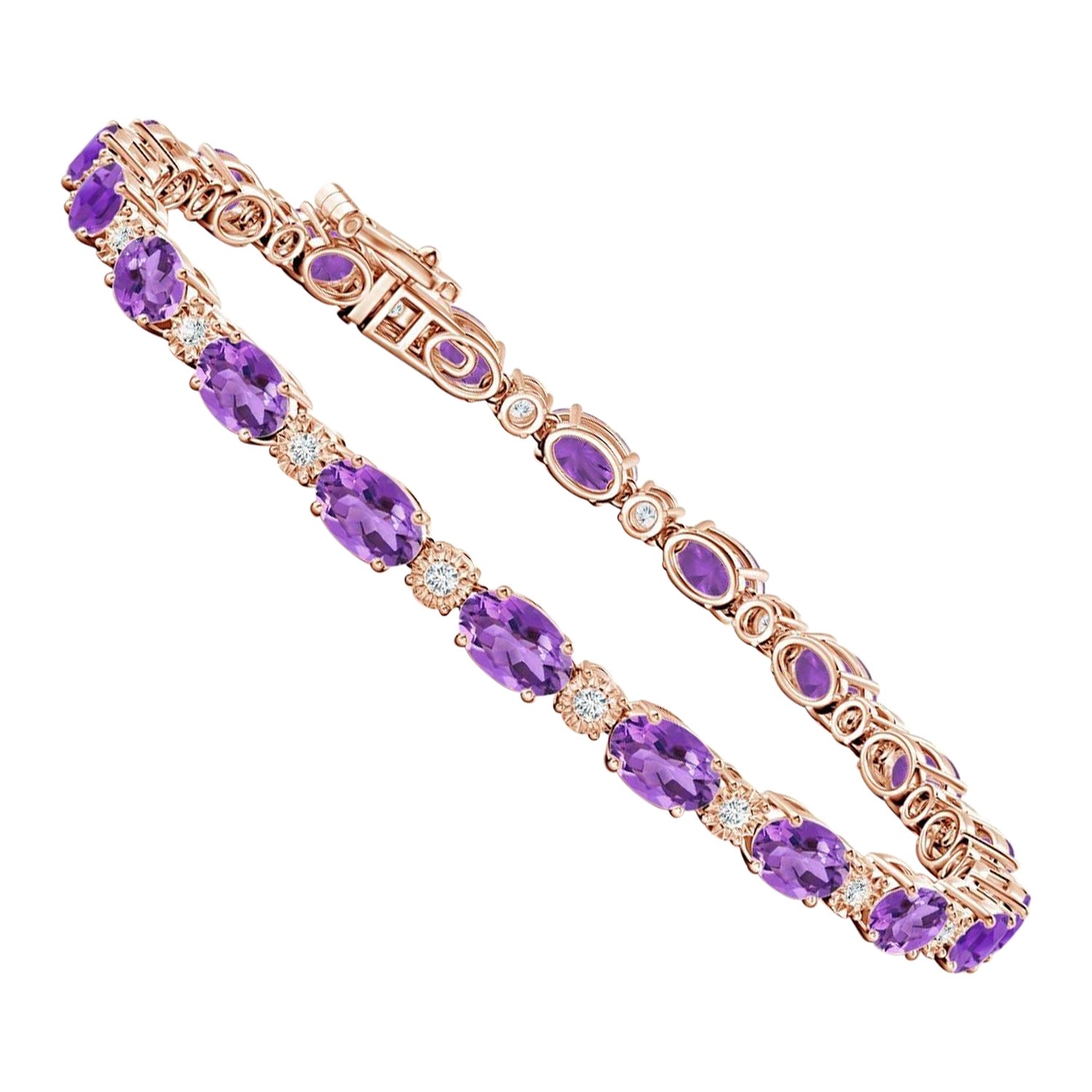 Bracelet tennis en or rose 14 carats avec améthyste ovale naturelle de 8 carats et diamants