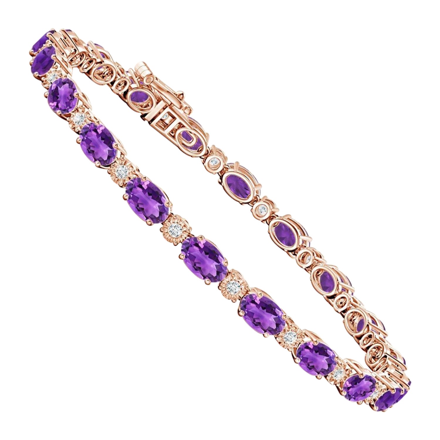 Natural Oval 8ct Amethyst Tennis Bracelet with Diamonds in 14K Rose Gold For Sale