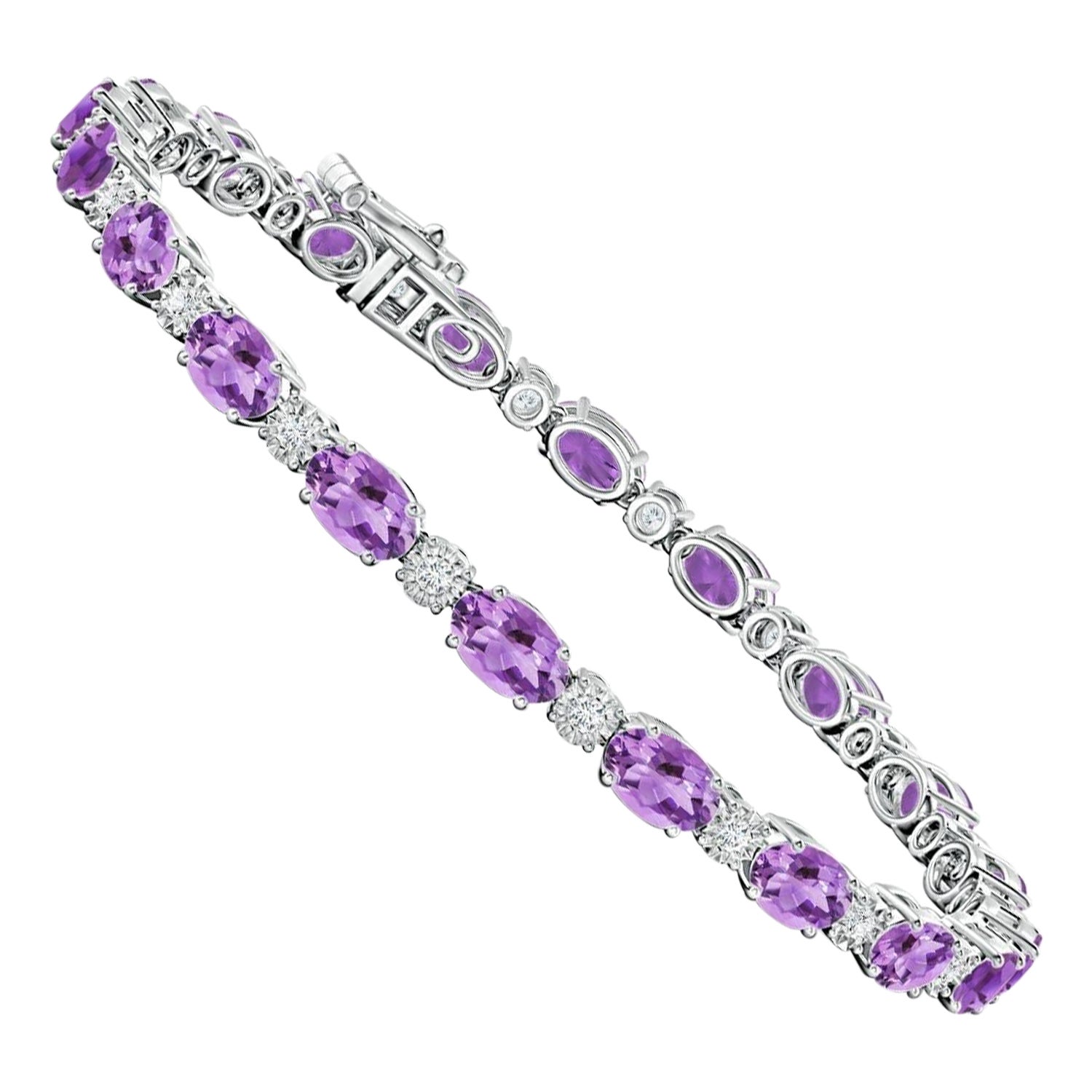 Natural Oval 8ct Amethyst Tennis Bracelet with Diamonds in 14K White Gold For Sale