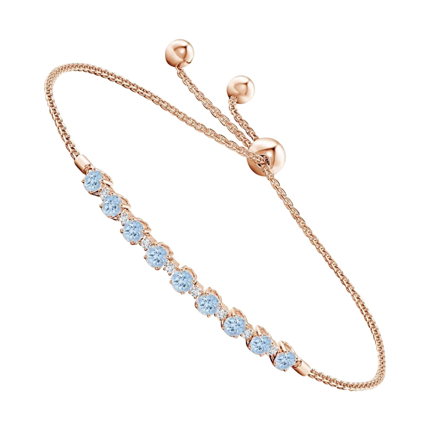 Bracelet tennis en or rose 14 carats avec aigue-marine naturelle de 0,90 carat et diamants