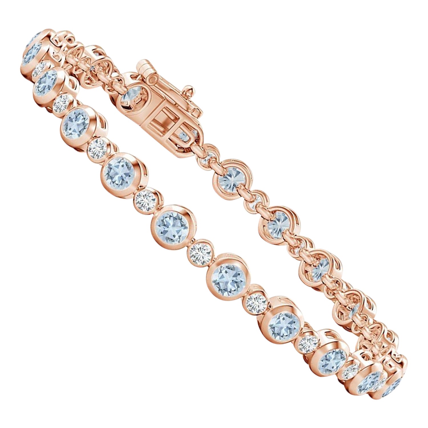 Bezel-Set 3.15ct Aquamarine and Diamond Tennis Bracelet in 14K Rose Gold