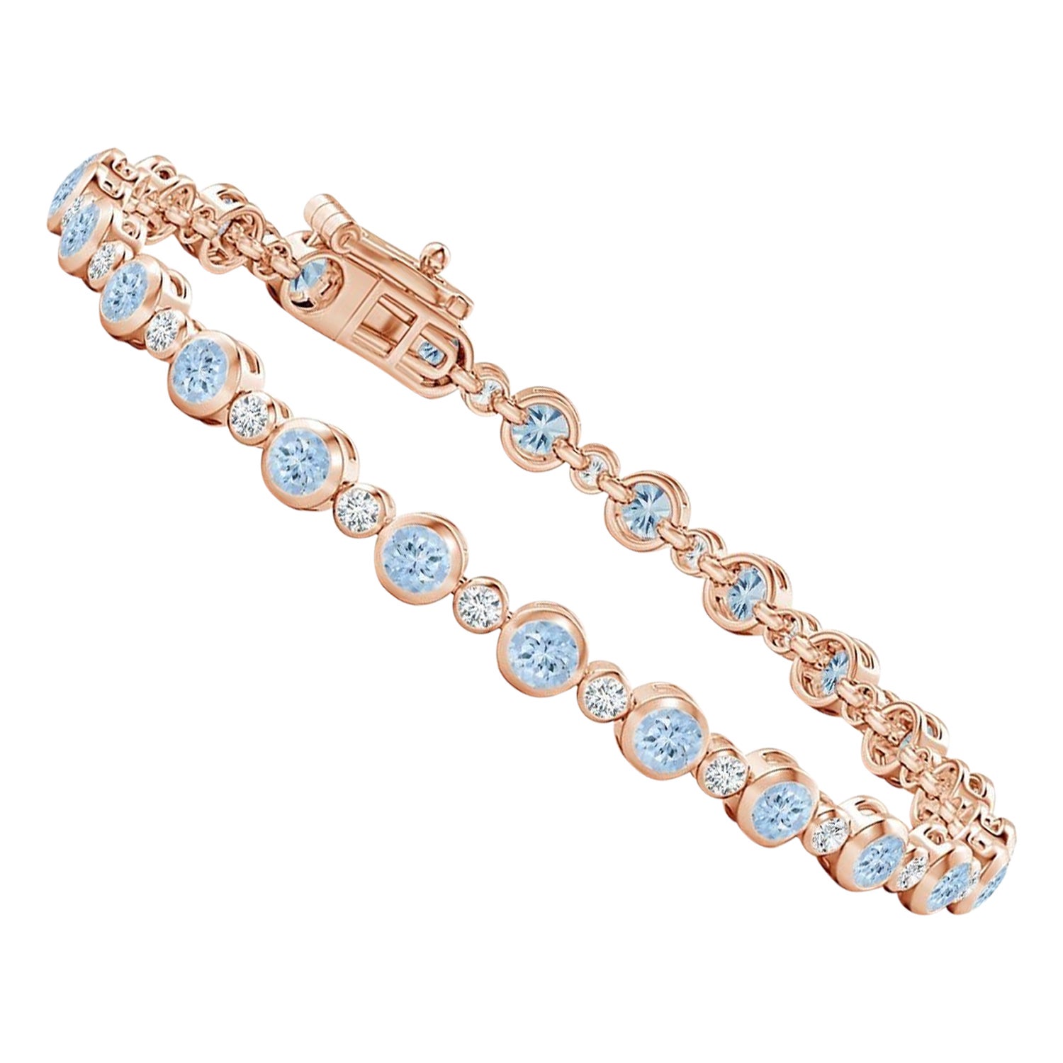 Bracelet tennis en or rose 14 carats serti d'aigue-marine de 2,40 carats et de diamants en vente