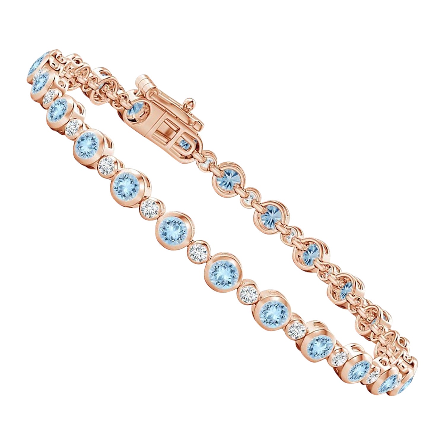 Bezel-Set 2.40ct Aquamarine and Diamond Tennis Bracelet in 14K Rose Gold For Sale