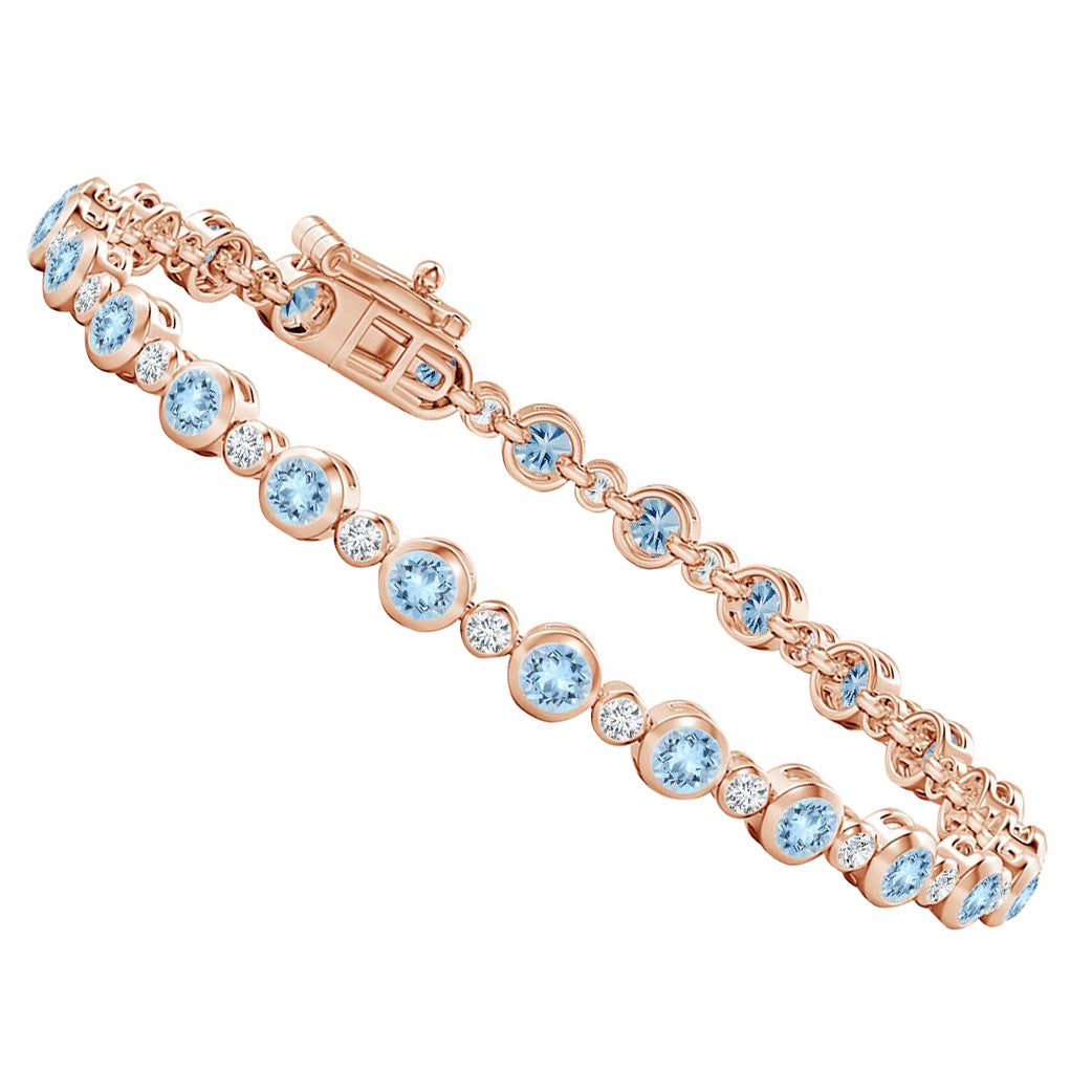 Bracciale tennis con castone, acquamarina e diamanti da 2,40 carati in oro rosa 14K