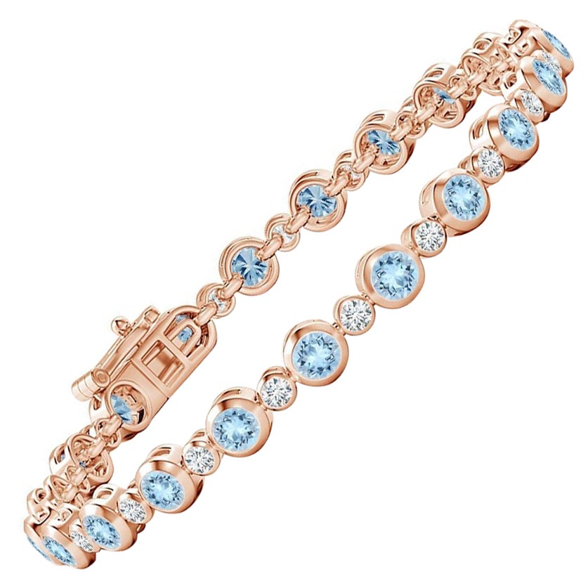 Bezel-Set 3.15ct Aquamarine and Diamond Tennis Bracelet in 14K Rose Gold For Sale