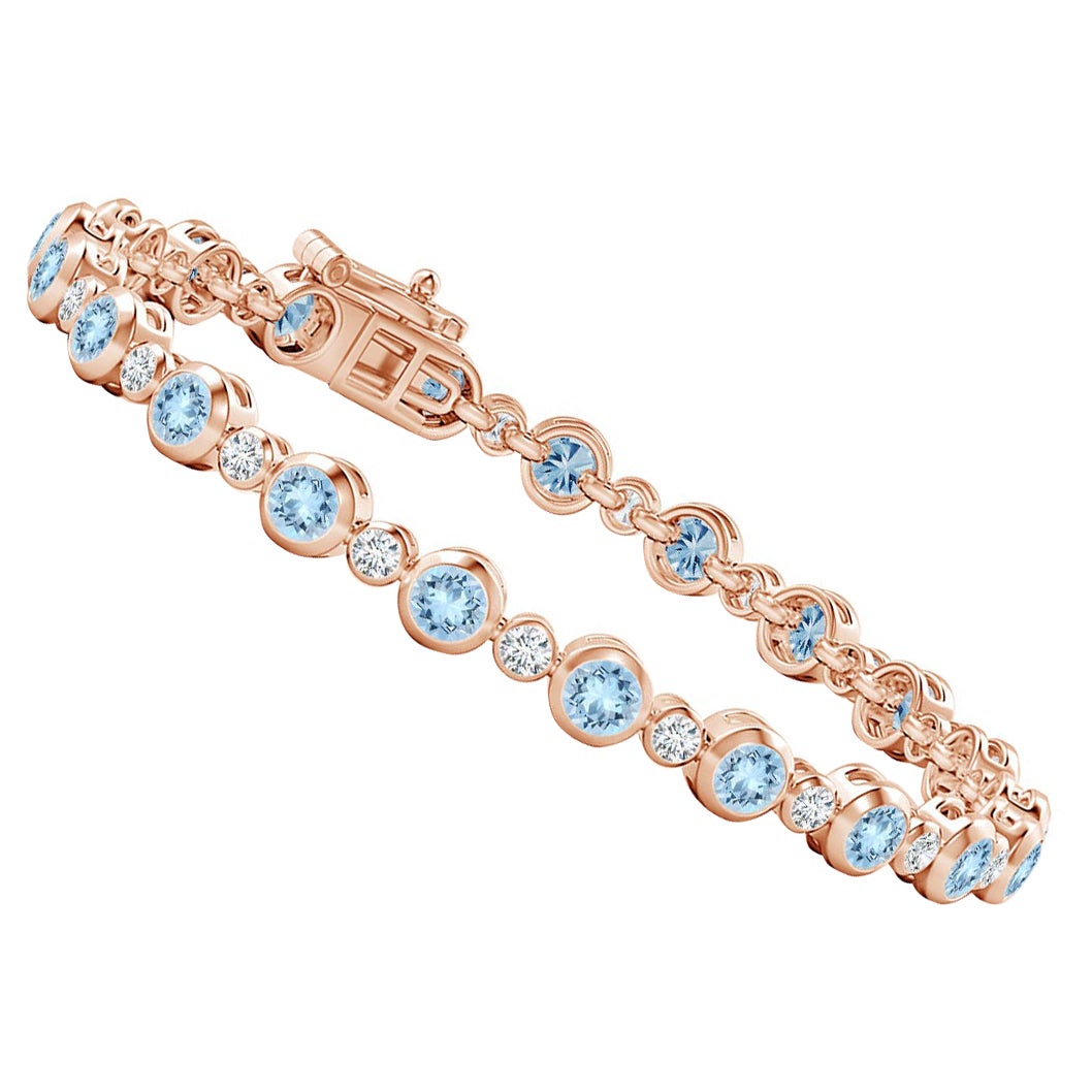 Bracciale tennis con castone, acquamarina e diamanti da 3,15 carati in oro rosa 14 carati