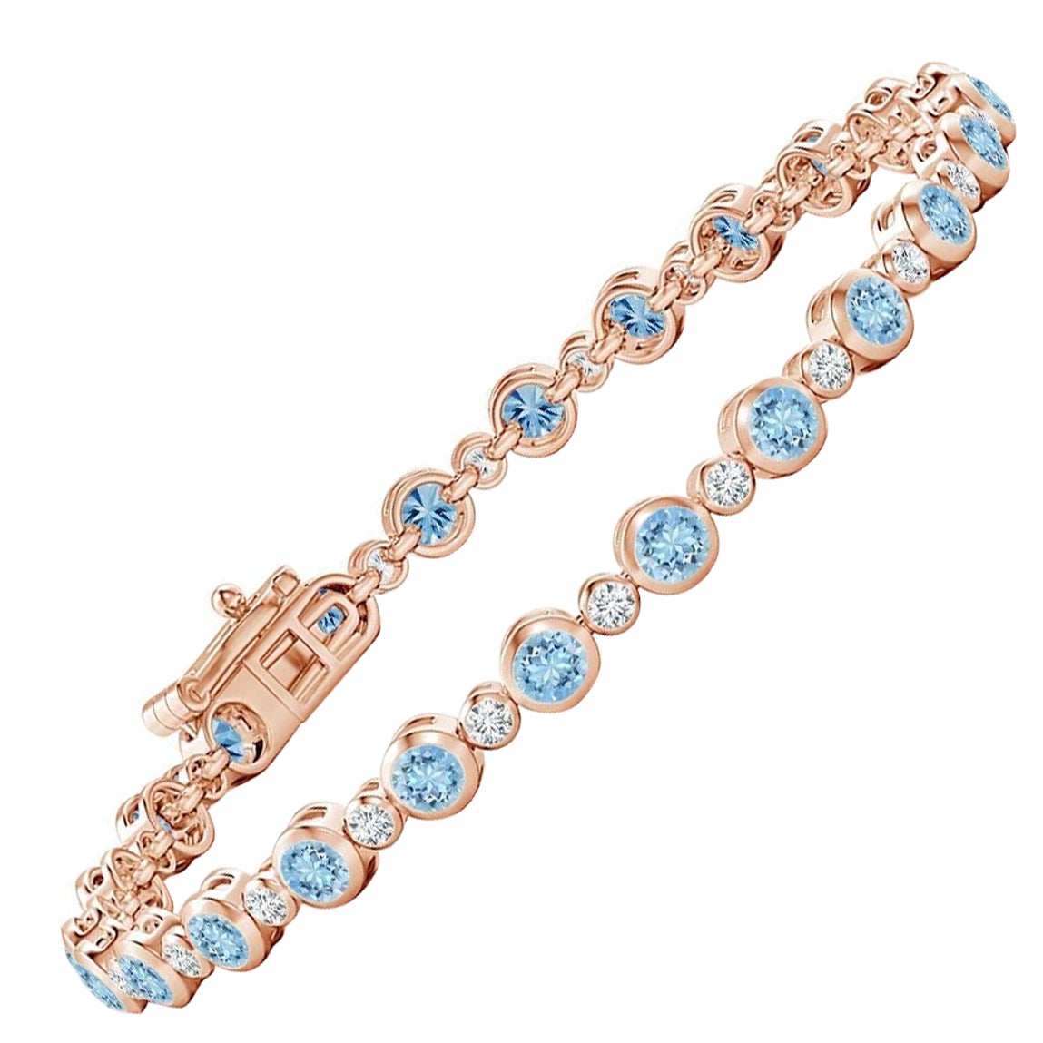 Bezel-Set 2.40ct Aquamarine and Diamond Tennis Bracelet in 14K Rose Gold For Sale