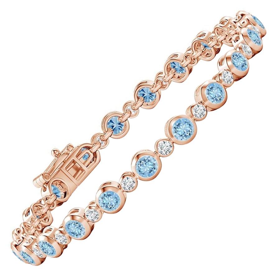 Bezel-Set 3.15ct Aquamarine and Diamond Tennis Bracelet in 14K Rose Gold