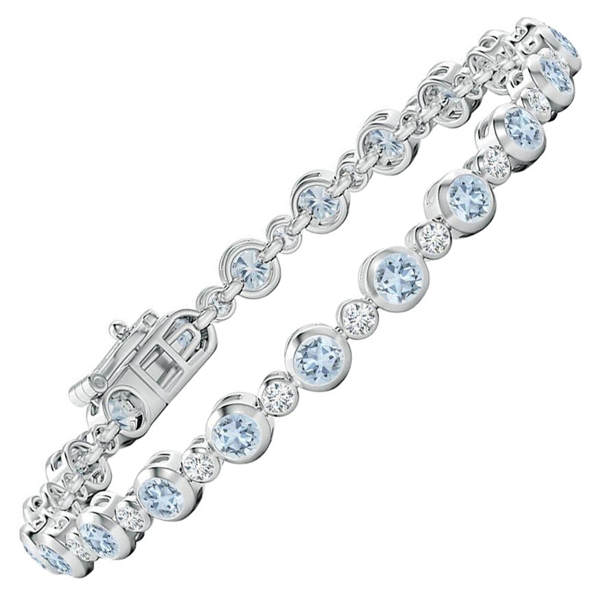 Bezel-Set 3.15ct Aquamarine and Diamond Tennis Bracelet in 14K White Gold For Sale