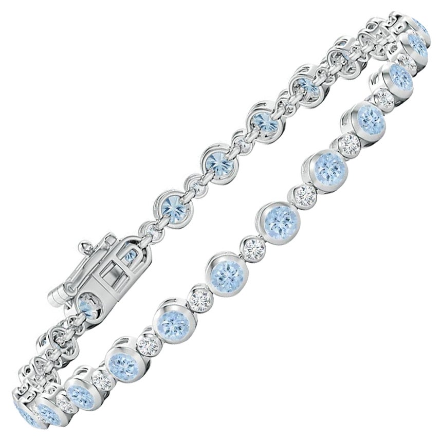Bezel-Set 2.40ct Aquamarine and Diamond Tennis Bracelet in 14K White Gold For Sale