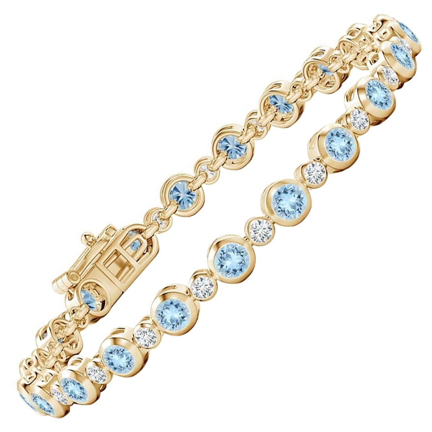 Bezel-Set 3.15ct Aquamarine and Diamond Tennis Bracelet in 14K Yellow Gold For Sale