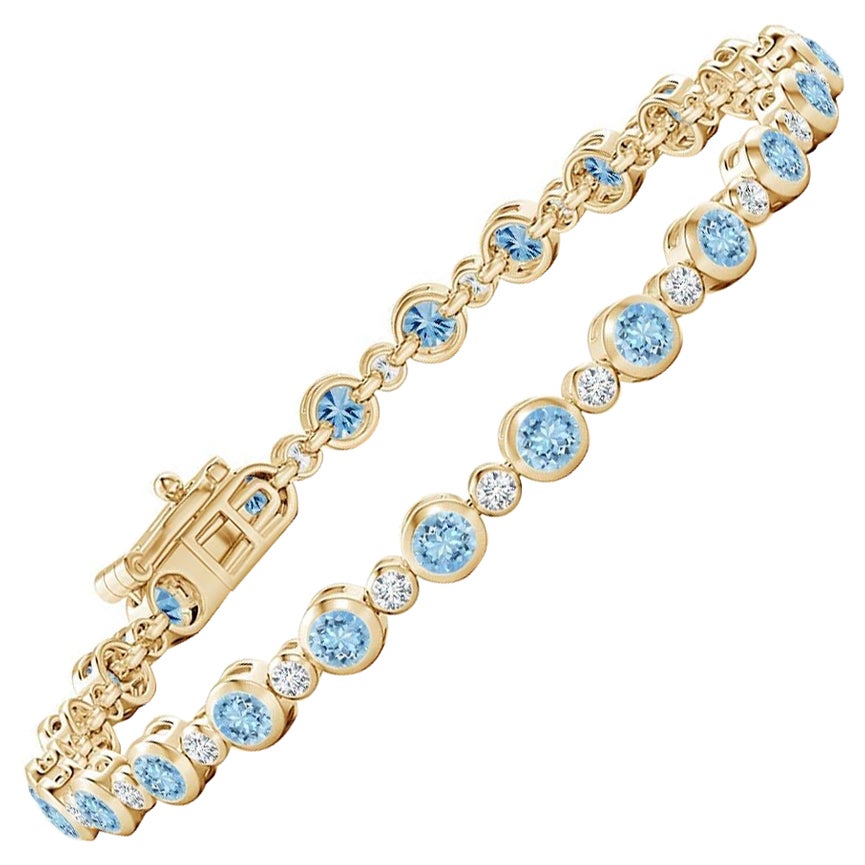 Bezel-Set 2.40ct Aquamarine and Diamond Tennis Bracelet in 14K Yellow Gold