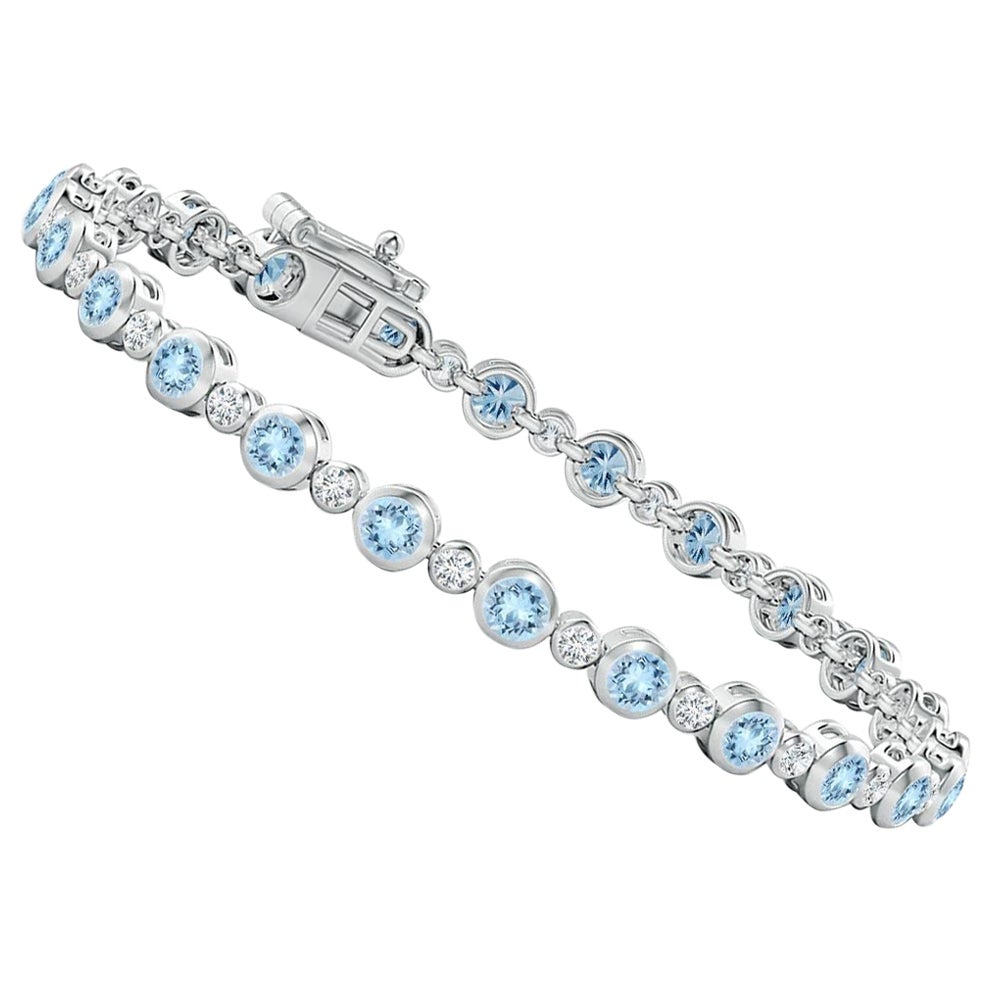 Bezel-Set 2.40ct Aquamarine and Diamond Tennis Bracelet in 14K White Gold For Sale